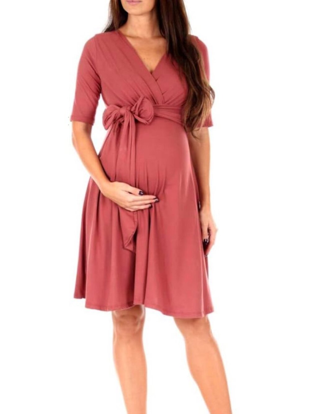 Mother Bee Maternity Knee Length Wrap Dress with Adjustable Belt (S) Mauvedk NWT